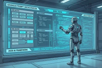 Schéma prompts IA 2026 montrant orchestration, schémas XML et flux JSON entre modules et modèles.