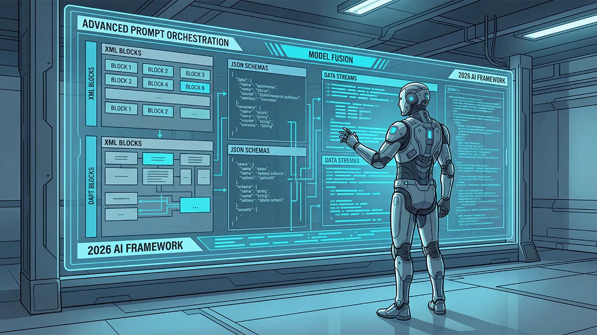 Schéma prompts IA 2026 montrant orchestration, schémas XML et flux JSON entre modules et modèles.
