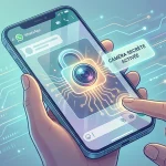Illustration stylisée d'un smartphone activant le widget caméra secrète sécurisé sur fond technologique.