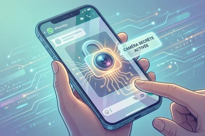 Illustration stylisée d'un smartphone activant le widget caméra secrète sécurisé sur fond technologique.