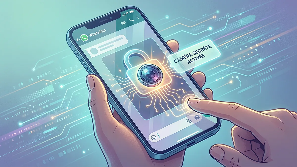 Illustration stylisée d'un smartphone activant le widget caméra secrète sécurisé sur fond technologique.