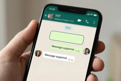 Conversation WhatsApp sur un smartphone affichant deux bulles avec la mention Message supprimé