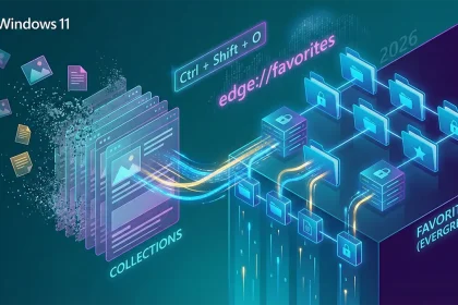 Schéma illustrant la gestion des favoris et des collections dans Microsoft Edge sous Windows 11 avec le gestionnaire edge://favorites