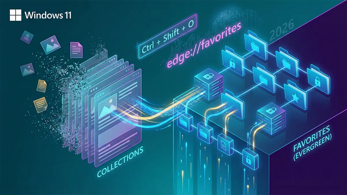 Schéma illustrant la gestion des favoris et des collections dans Microsoft Edge sous Windows 11 avec le gestionnaire edge://favorites