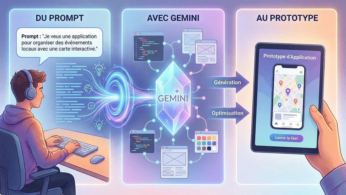 Schéma en trois étapes montrant le passage du prompt textuel au prototype fonctionnel via Gemini
